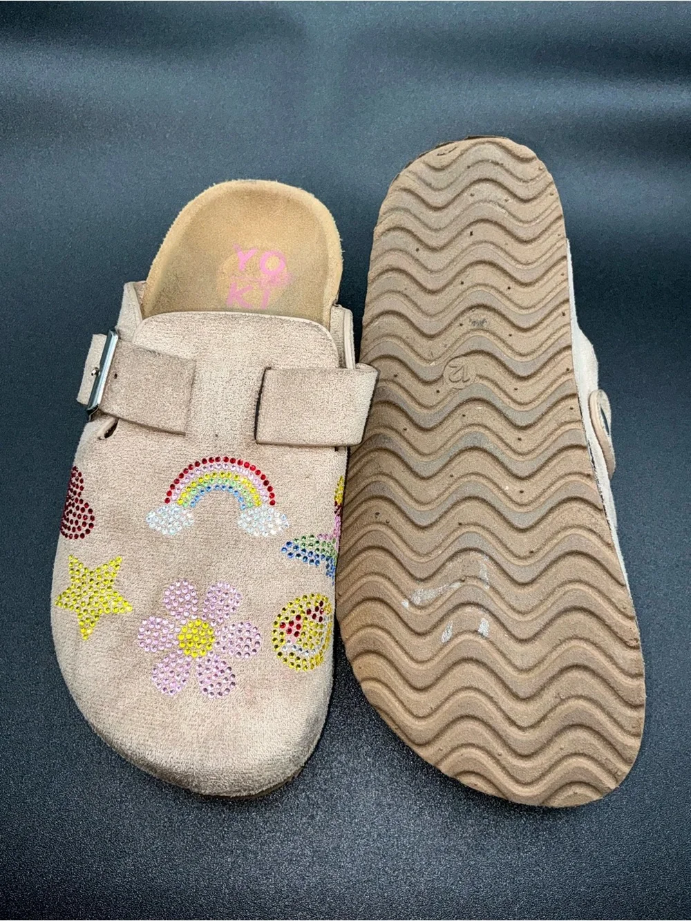 Yoki Gienna girls' taupe faux suede clogs featuring rhinestone embellishments.